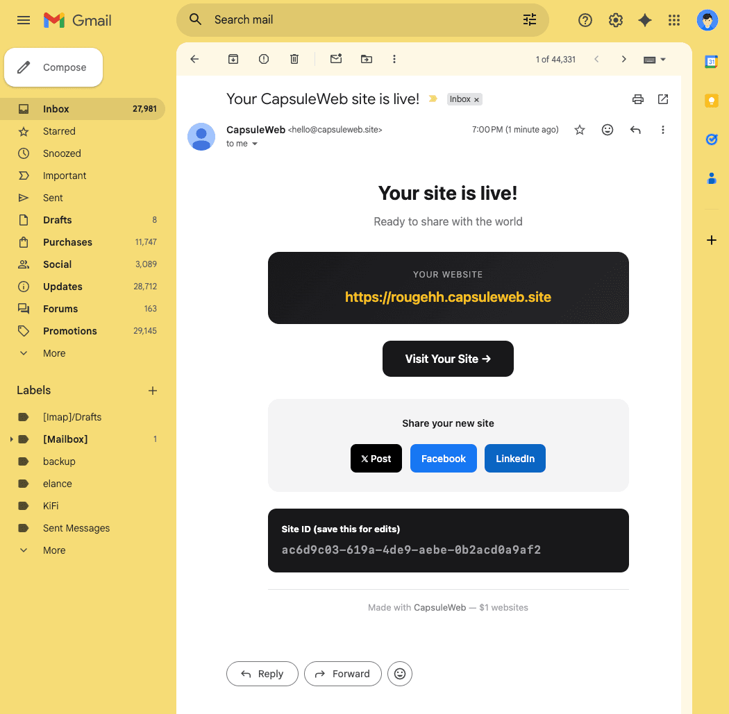 Site ID delivered by email for future edits
