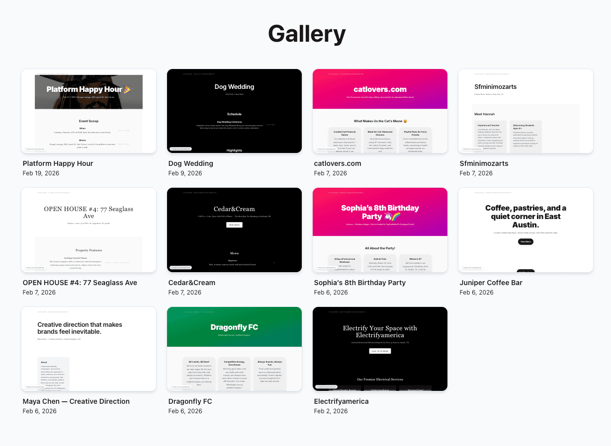Every generated site lands in the public gallery